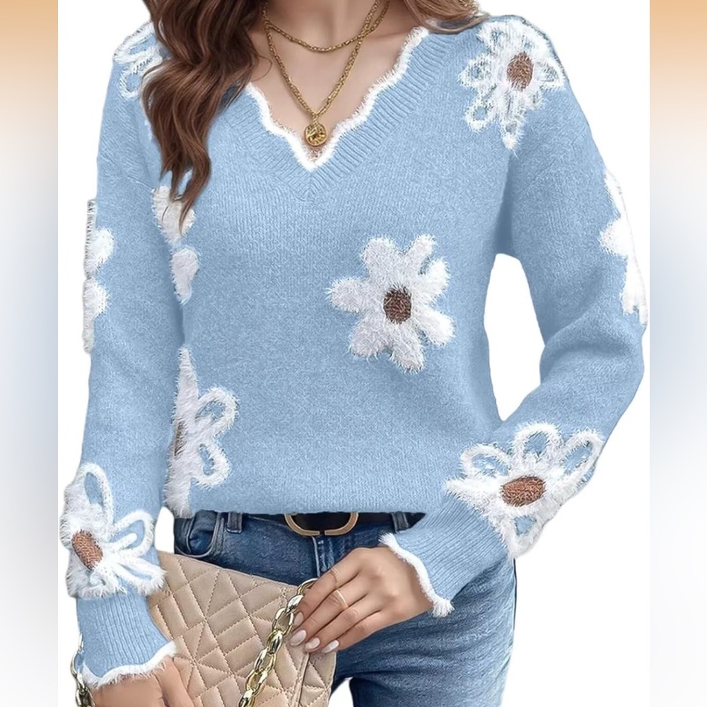 Light Blue Floral Fuzzy V-Neck Sweater - Picture 1 of 6